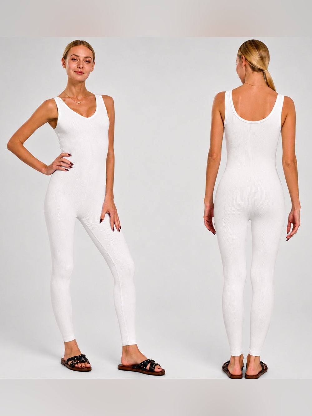 Zenana White Ribbed Seamless Sport Jumpsuit Bodysuit Full Unitard L/XL NEW